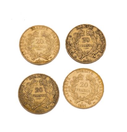 null IIème REPUBLIQUE
20 francs or, type Cérès. 1850 A (2 ex) - 1851 A (2 ex)
Poids...