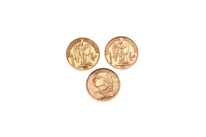 null Lot of 3 gold coins of which : 20 Francs or génie (2 ex) 1849A Paris 6,41 gr.,...