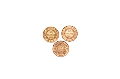 null Lot of 3 gold coins of which : 20 Francs or génie (2 ex) 1849A Paris 6,41 gr.,...