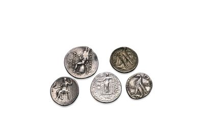 null Lot of 5 silver Tetradrachms : Macedonia Alexander the Great (1 ex), Kings of...