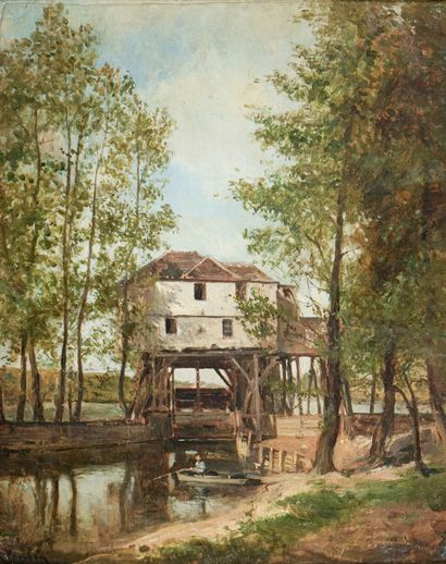  Raphael PONSON (1835-1904)
Le moulin de Cage à Saint-Ouen
Huile sur carton
Signée... Gazette Drouot