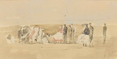  Eugène BOUDIN (1824-1898)
Promenade sur la plage. 1888
Aquarelle
Signée et datée... Gazette Drouot