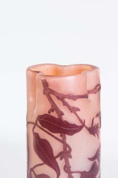  Gallé 
Vase de forme cylindrique à col pincé en verre gravé à l’acide à décor oral...