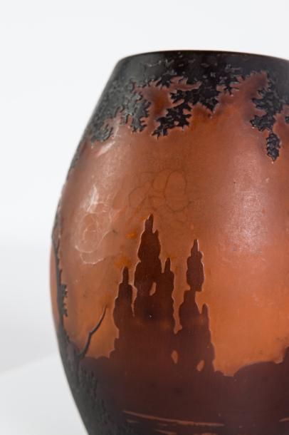 null Muller

Vase de forme ovoïde en verre gravé à l’acide à décor de paysage lacustre...