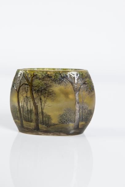 null DAUM 

Vase de forme ronde aplatie en verre gravé à l’acide et émaillé à décor...