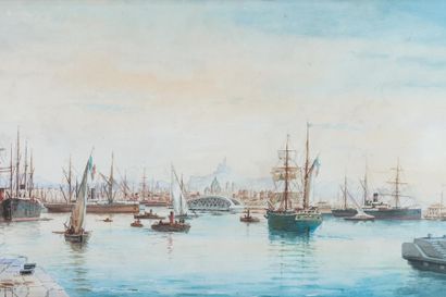 null Émile HENRY (1842-1920) 

Le port de Marseille. Aquarelle. Signée en bas à gauche....
