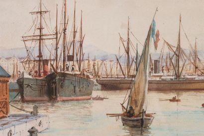 null Émile HENRY (1842-1920) 

Le port de Marseille. Aquarelle. Signée en bas à gauche....