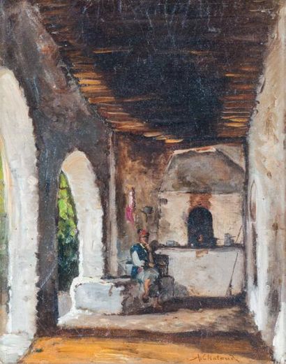 null Alfred CHATAUD (1833-1908) 

Café sur les hauteurs d’Alger. Huile sur carton.?Signée...