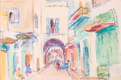 null Eugène BILLAUD (1888-1964) 

Quartier juif de Tunis (rue de la Hafsia). Aquarelle...