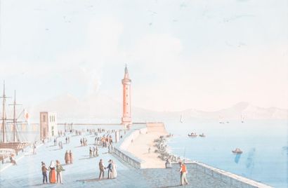 null Ecole napolitaine du XIXème siècle. 

Vue du port de Naples et des jardins....