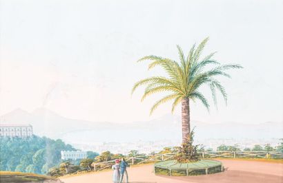 null Ecole napolitaine du XIXème siècle. 

Vue du port de Naples et des jardins....