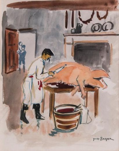 null Yves BRAYER (1907-1990) 

La préparation du cochon. Aquarelle.?Signée en bas...