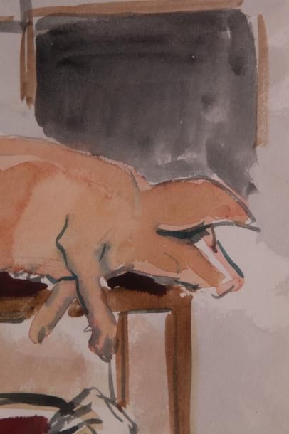 null Yves BRAYER (1907-1990) 

La préparation du cochon. Aquarelle.?Signée en bas...