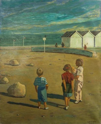 null Guy PICHON (1933-2007) 

Enfants sur une plage de bretagne. Huile sur toile.?Signée...