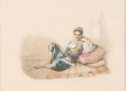 null Lauret AÎNÉ (1809-1882) 

Jeune algérienne pensive. 1856.?Aquarelle et gouache.?Signée,...