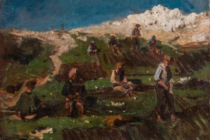 null Raphael Luc PONSON (1835-1904) 

Pêcheurs raccommodant leurs filets au vallon...