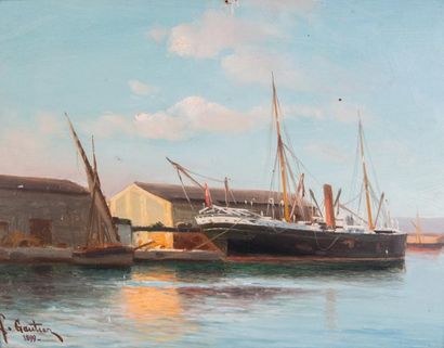 null Louis François GAUTIER (1855-1947) 

Bateaux à quai. 1899.?Huile sur carton....