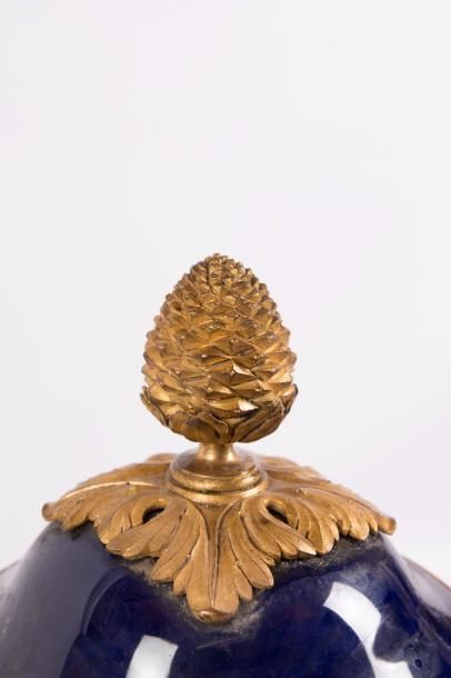 null Paire de vases pots-pourris en porcelaine de Sèvres bleu et bronze doré de style...