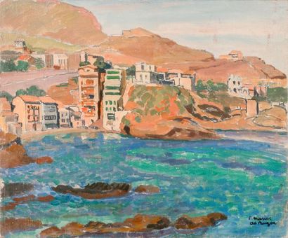 null Frédéric Marius de BUZON (1879-1958) Village en bord de mer, Algérie. Huile...