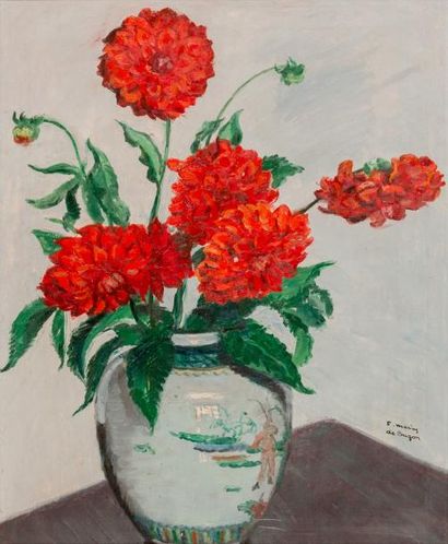 null Frédéric Marius de BUZON (1879-1958) Bouquet de dalias dans un vase Chinois....