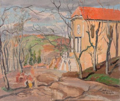 null Frédéric Marius de BUZON (1879-1958) Devant l’église, Kabylie. Huile sur toile....