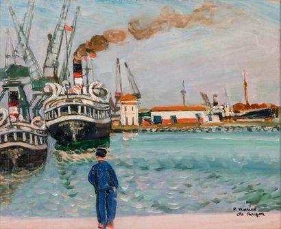 null Frédéric Marius de BUZON (1879-1958) Bateaux dans le port, Alger. Huile sur...