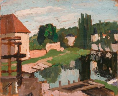 null Frédéric Marius de BUZON (1879-1958) L’écluse du village. Huile sur panneau....