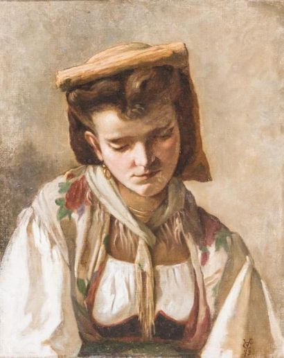  Jean Georges VIBERT (1840-1902) 
Portrait d’italienne. 1873. 
Huile sur toile. 
Monogramée...