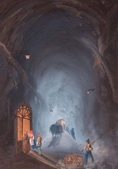  Ecole napolitaine du XIXème siècle 
La grotte de Pozzuoli animée. 
Gouache. 
32...