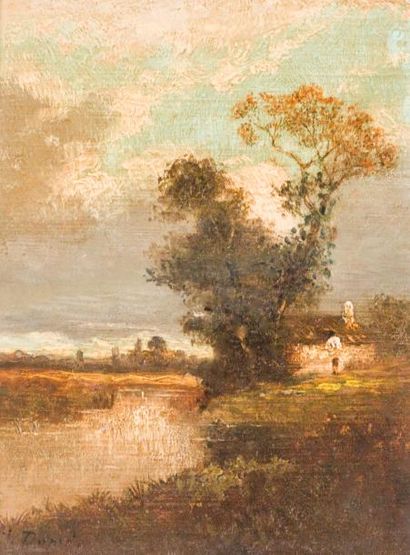  Jules DUPRÉ (1811-1889) 
Paysages, Barbizon. 
Paire d’huiles sur panneaux. 
Signées...