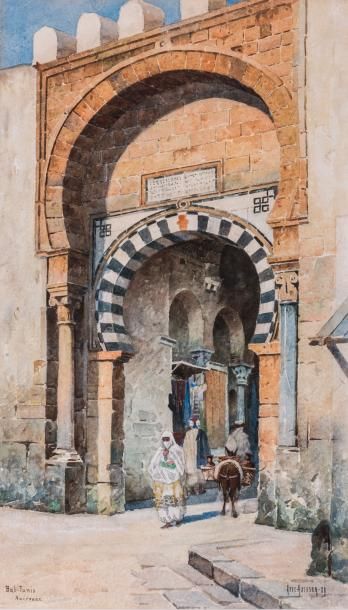  Axel AXELSON (1854-1892) 
La porte de Tunis à Kairouan. 1889. 
Aquarelle. 
Signée...