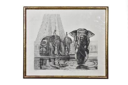 null Paul Jouve (1878-1973) Éléphants du Temple de Madura. 1930 Eau-forte originale...