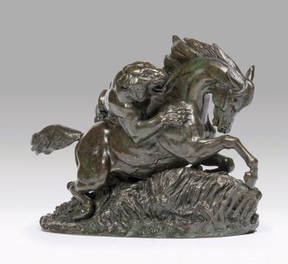 null Antoine-Louis Barye (1796-1875) Cheval attaqué par un tigre Bronze à patine...