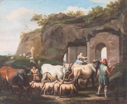  École romaine du XVIIIe siècle Bouviers ramenant leur troupeau Huile sur toile 61...