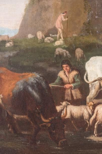 École romaine du XVIIIe siècle Bouviers ramenant leur troupeau Huile sur toile 61...
