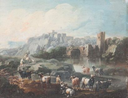  Cajetan ROOS (Rome 1690 – Vienne 1770) Taureaux près d’une rivière Huile sur toile...