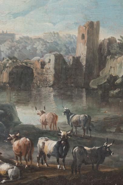null Cajetan ROOS (Rome 1690 – Vienne 1770) Taureaux près d’une rivière Huile sur...
