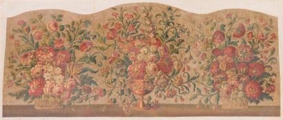  Deux grands panneaux peints imitant la tapisserie à décor de vases fleurs. 93 x...