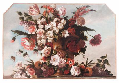  Attribuée à Pierre Nicolas HUILLIOT
(1674 - 1751)
Bouquet de fleurs sur un entablement...