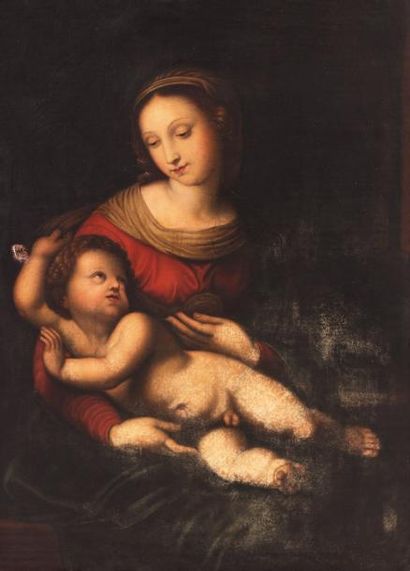 null École italienne du XVIIe siècle Vierge à l’enfant, d’après Raphaël Huile sur...