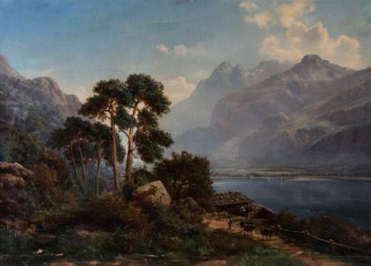 null École Française du XIXe siècle Scène animée au bord du lac Huile sur toile....
