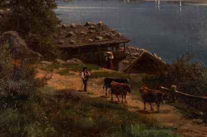  École Française du XIXe siècle Scène animée au bord du lac Huile sur toile. Quelques...