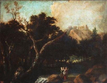 null École française du XVIIIe siècle Paysage animé Huile sur toile 67 x 85 cm. 