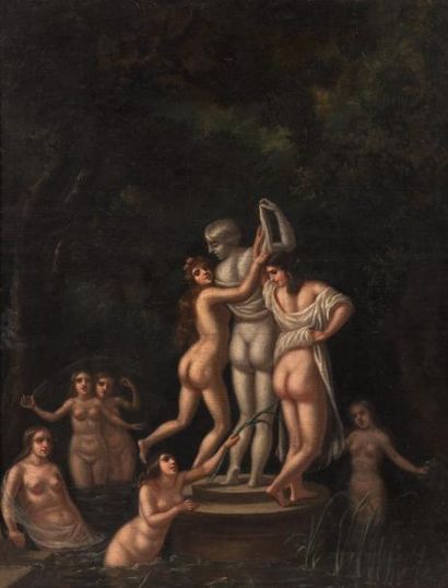 null École française du XIXe siècle Femme à la fontaine Huile sur toile. 50 x 40...