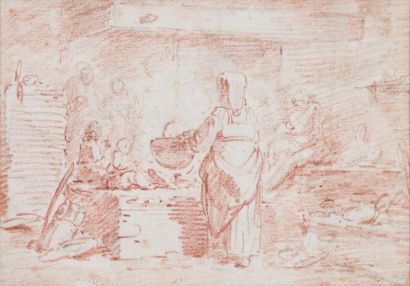  Attribué à Hubert ROBERT (1733-1808) Intérieur de cuisine animé Sanguine sur contre-épreuve...