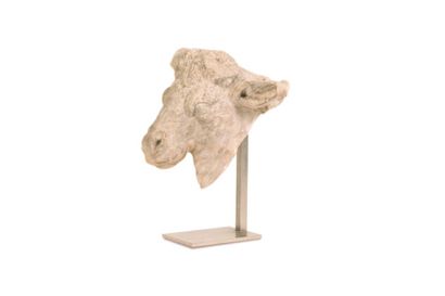  Tête de taureau Fragment de statue représentant la tête d’un taureau traitée de...