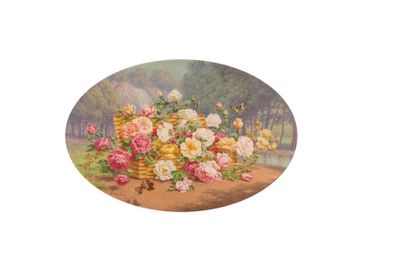 null Jules COULANGE-LAUTREC (1861-1950) Panier fleuri de Roses. Huile sur toile ovale....