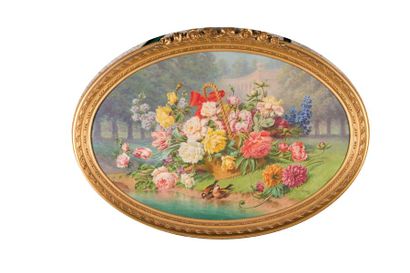 null Jules COULANGE-LAUTREC (1861-1950) Panier de Roses et oiseaux. Huile sur toile...