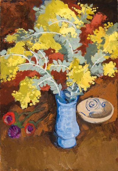 null Joseph INGUIMBERTY (1896-1971) Bouquet de mimosas dans un vase bleu. Huile sur...