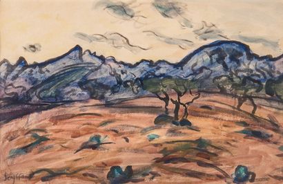 null René SEYSSAUD (1867-1952) Paysage aux oliviers. Aquarelle. Signée en bas à gauche....